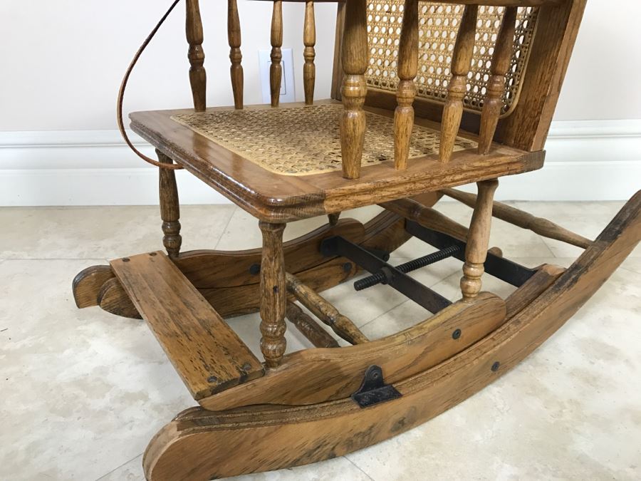 Antique Child's Cane Rocking Chair With Food Tray