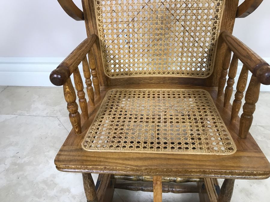 Antique Child's Cane Rocking Chair With Food Tray