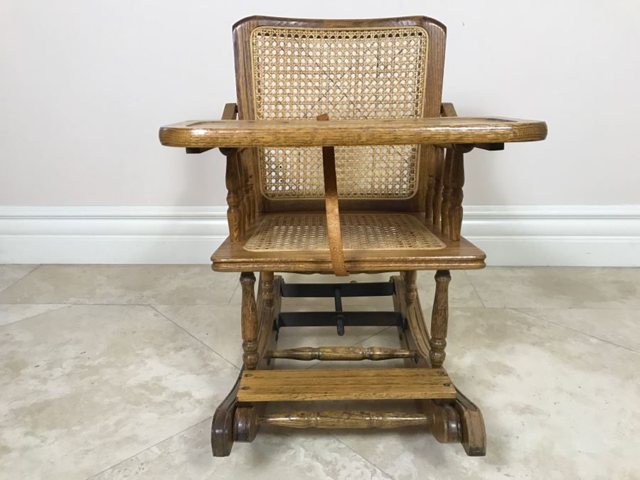 Antique Child's Cane Rocking Chair With Food Tray