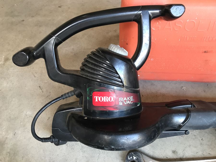 Tool Lot With TORO Electric Rake & Vac Model 51574, Gas Can, DeLonghi