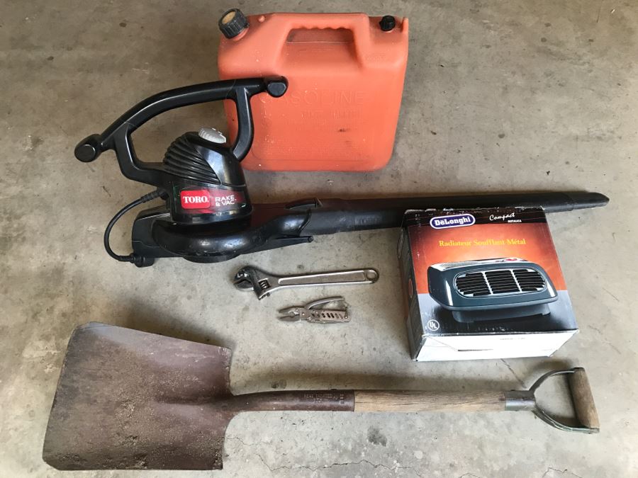 Tool Lot With TORO Electric Rake & Vac Model 51574, Gas Can, DeLonghi Heater And Various Tools [Photo 1]