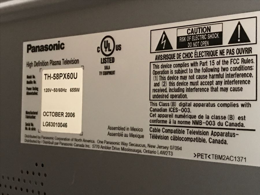 Panasonic High Definition Plasma Television Model TH-58PX60U 58' With Remote [Photo 9]