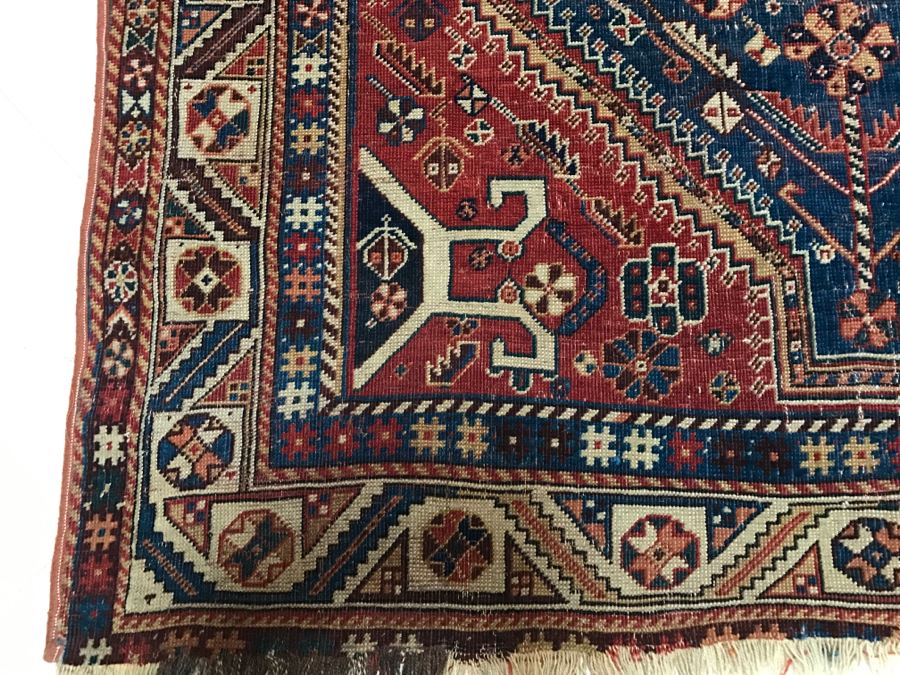 Antique Persian Tribal Rug Hand Knotted Wool Area Rug Appears To Have Been Cut Down - Note Hole In Rug In Photos [Photo 5]