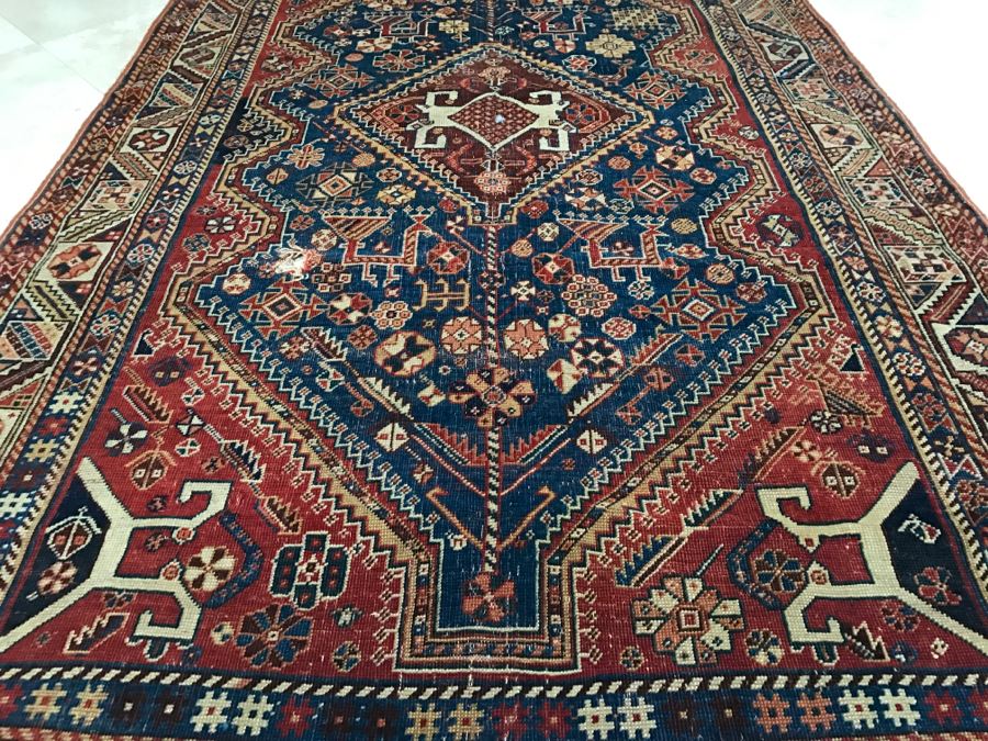 Antique Persian Tribal Rug Hand Knotted Wool Area Rug Appears To Have Been Cut Down - Note Hole In Rug In Photos [Photo 4]