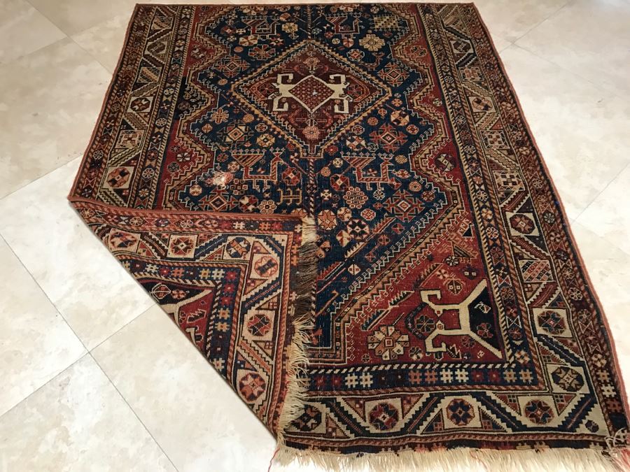 Antique Persian Tribal Rug Hand Knotted Wool Area Rug Appears To Have Been Cut Down - Note Hole In Rug In Photos [Photo 23]