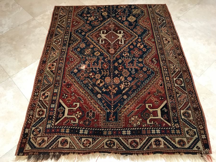 Antique Persian Tribal Rug Hand Knotted Wool Area Rug Appears To Have Been Cut Down - Note Hole In Rug In Photos [Photo 2]