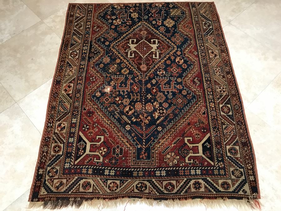 Antique Persian Tribal Rug Hand Knotted Wool Area Rug Appears To Have Been Cut Down - Note Hole In Rug In Photos [Photo 3]