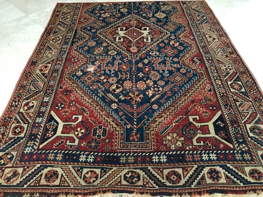 Antique Persian Tribal Rug Hand Knotted Wool Area Rug Appears To Have Been Cut Down - Note Hole In Rug In Photos