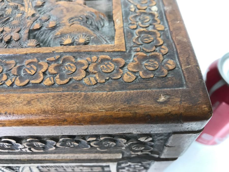 Vintage Asian Relief Carved Wooden Box Filled With Various Photographs ...