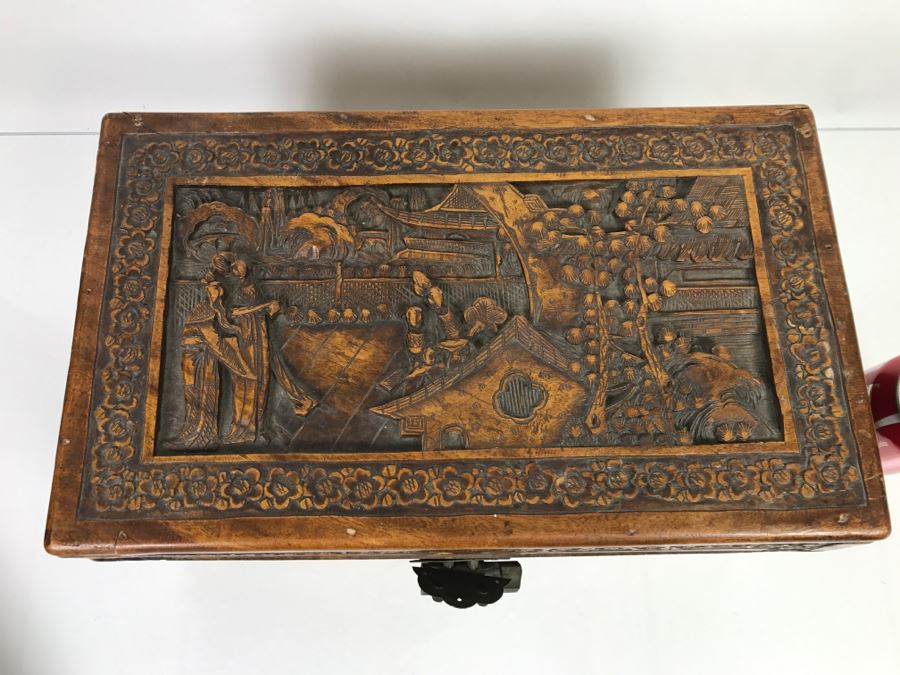 Vintage Asian Relief Carved Wooden Box Filled With Various Photographs ...