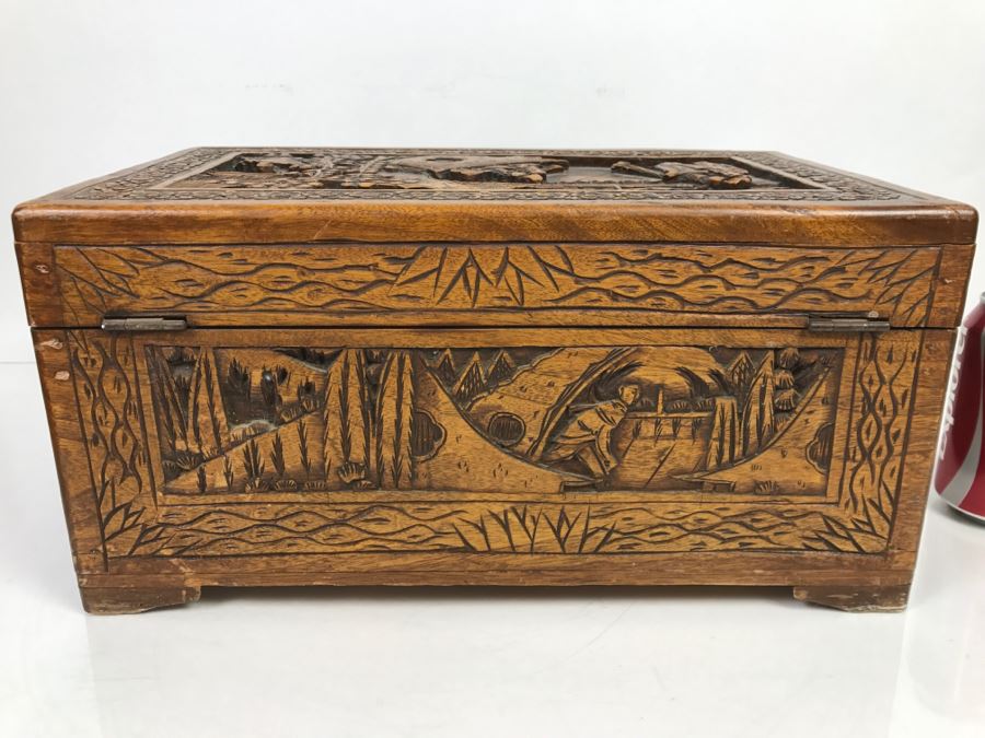 Vintage Asian Relief Carved Wooden Box Filled With Various Photographs ...