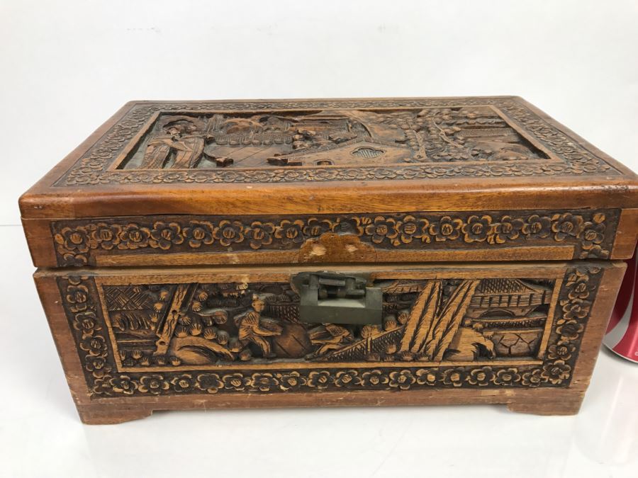 Vintage Asian Relief Carved Wooden Box Filled With Various Photographs ...