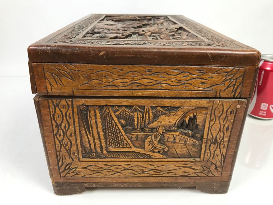Vintage Asian Relief Carved Wooden Box Filled With Various Photographs And Ephemera - See All Photos [Photo 17]