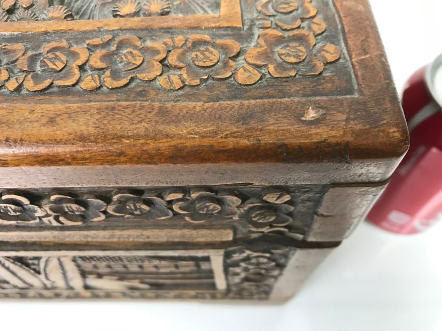 Vintage Asian Relief Carved Wooden Box Filled With Various Photographs ...