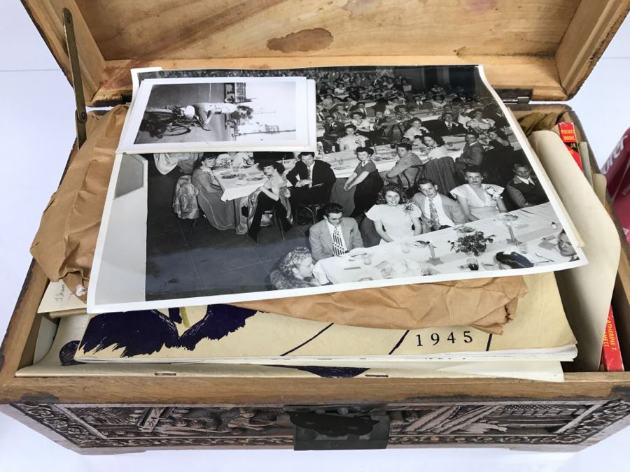 Vintage Asian Relief Carved Wooden Box Filled With Various Photographs And Ephemera - See All Photos [Photo 2]