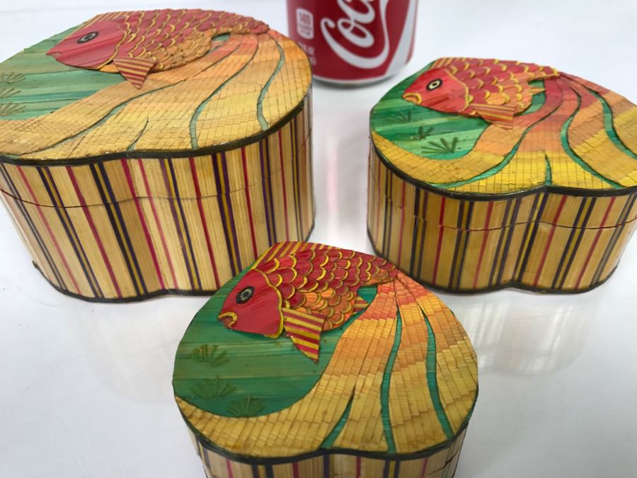 Hand Crafted Heart Shaped Nesting Boxes With Fish Design [Photo 3]