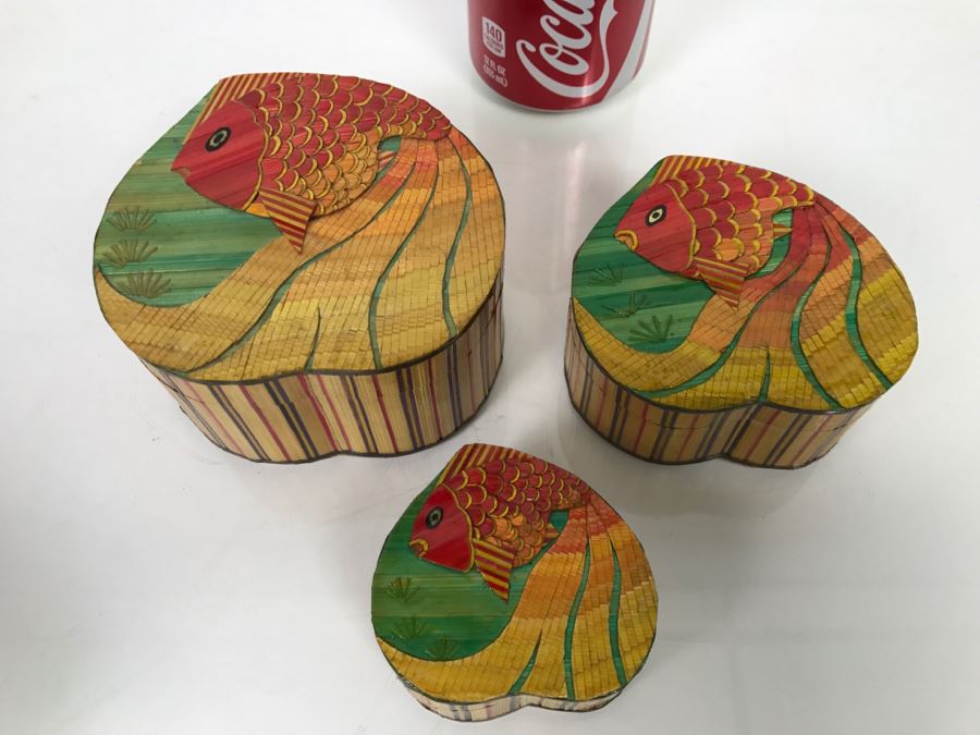 Hand Crafted Heart Shaped Nesting Boxes With Fish Design [Photo 2]
