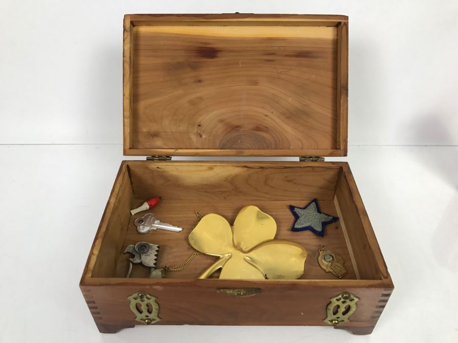 Vintage Cedar Box With Brass Accents Containing Various Collectibles Photographed See Photos [Photo 1]