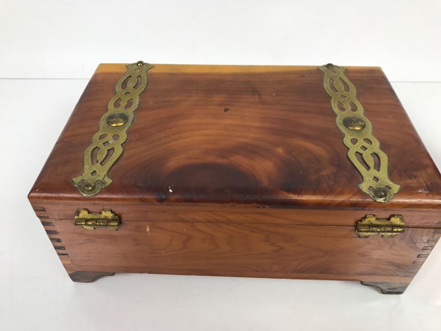 Vintage Cedar Box With Brass Accents Containing Various Collectibles Photographed See Photos [Photo 6]