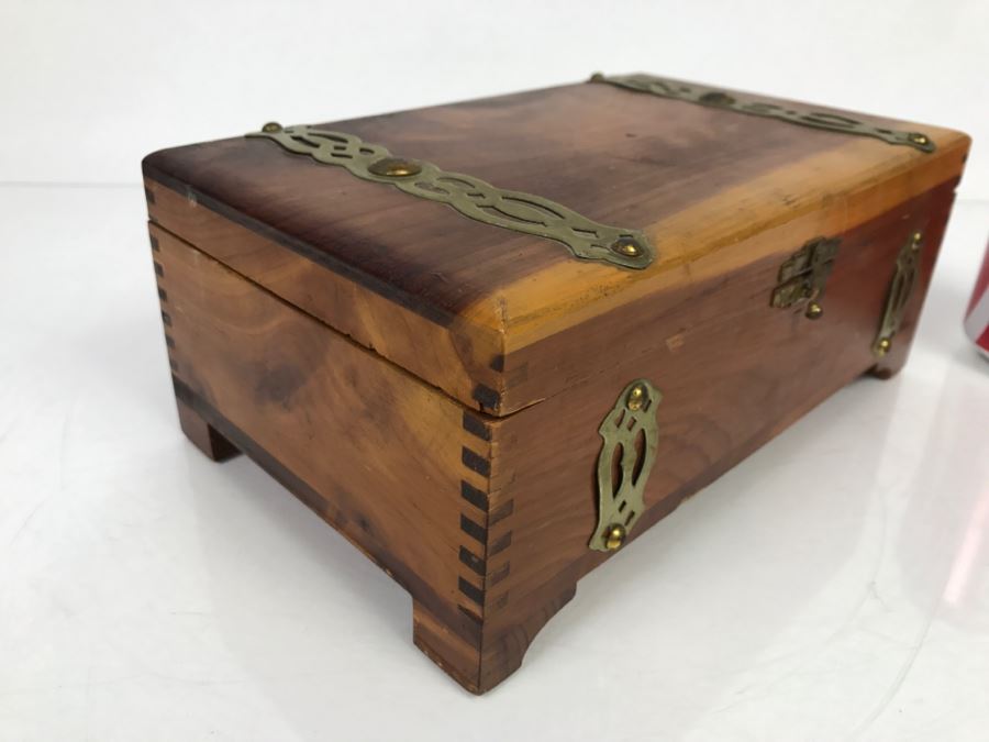 Vintage Cedar Box With Brass Accents Containing Various Collectibles Photographed See Photos [Photo 4]