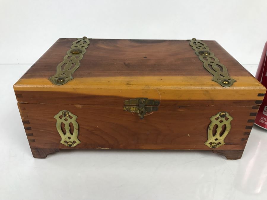 Vintage Cedar Box With Brass Accents Containing Various Collectibles Photographed See Photos [Photo 3]