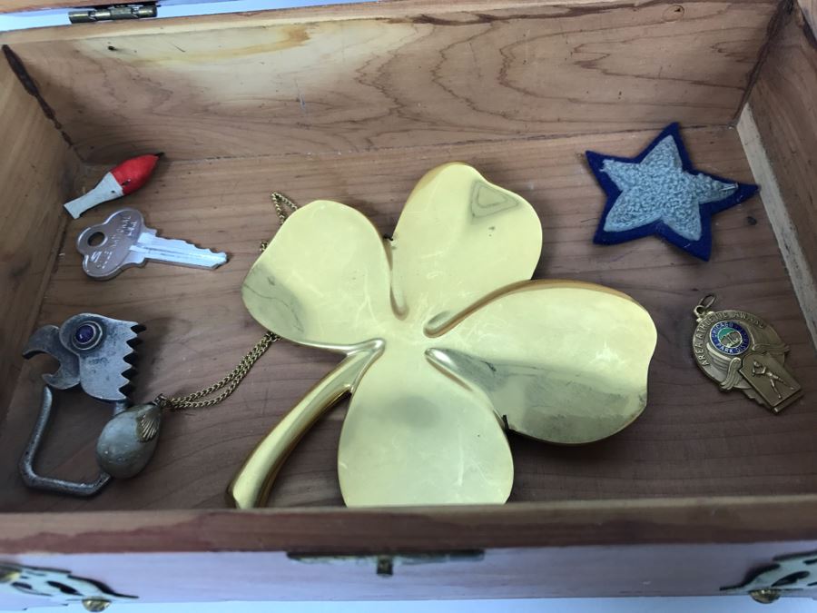 Vintage Cedar Box With Brass Accents Containing Various Collectibles Photographed See Photos [Photo 19]
