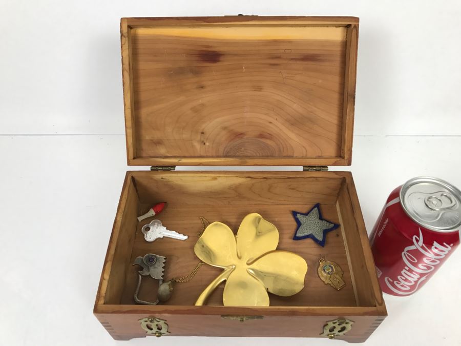 Vintage Cedar Box With Brass Accents Containing Various Collectibles Photographed See Photos [Photo 9]
