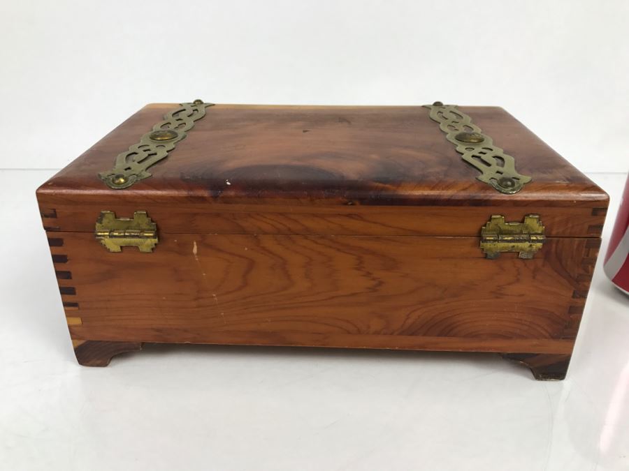 Vintage Cedar Box With Brass Accents Containing Various Collectibles Photographed See Photos [Photo 5]