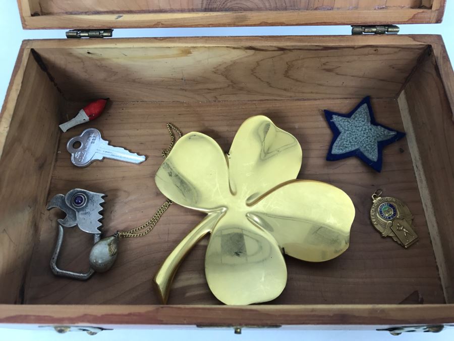Vintage Cedar Box With Brass Accents Containing Various Collectibles Photographed See Photos [Photo 7]