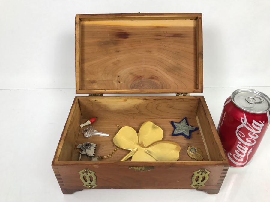 Vintage Cedar Box With Brass Accents Containing Various Collectibles Photographed See Photos [Photo 8]
