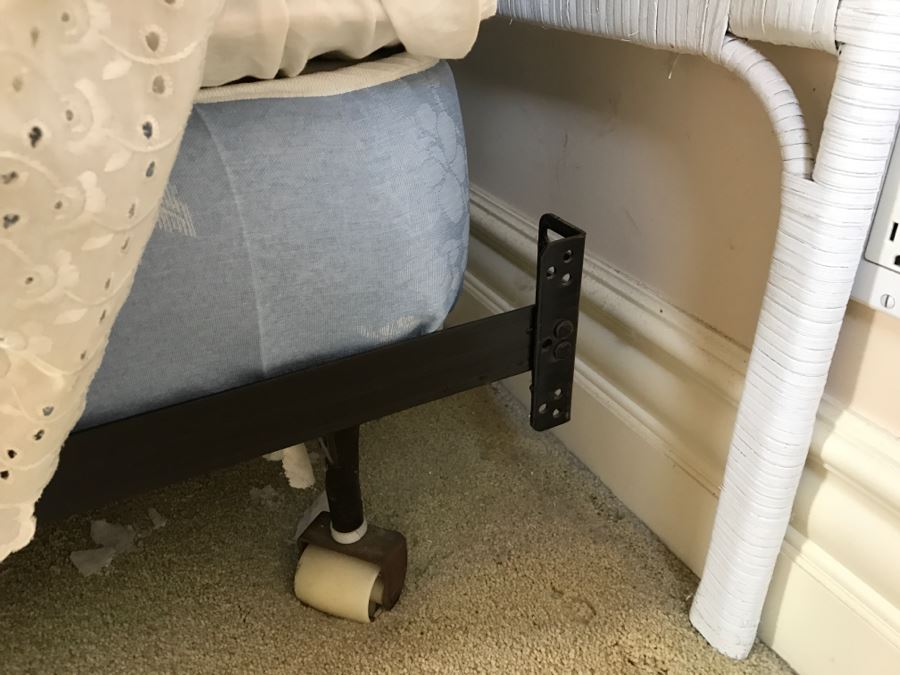 Pair Of Twin White Wicker Peacock Headboards With Mattress, Boxspring And Metal Bed Frames [Photo 9]