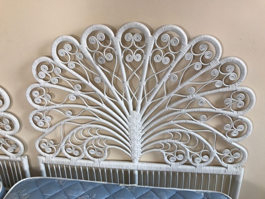 Pair Of Twin White Wicker Peacock Headboards With Mattress, Boxspring And Metal Bed Frames [Photo 4]