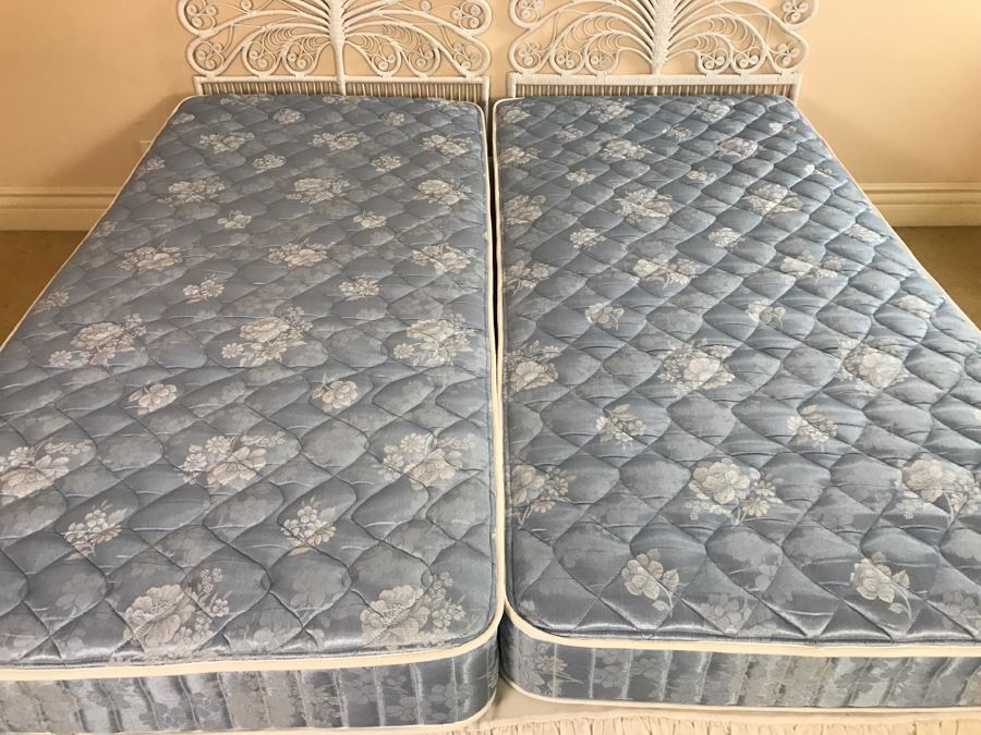 Pair Of Twin White Wicker Peacock Headboards With Mattress, Boxspring And Metal Bed Frames [Photo 3]