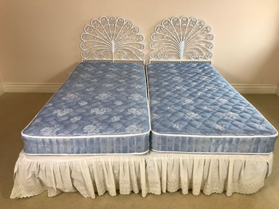 Pair Of Twin White Wicker Peacock Headboards With Mattress, Boxspring And Metal Bed Frames [Photo 1]