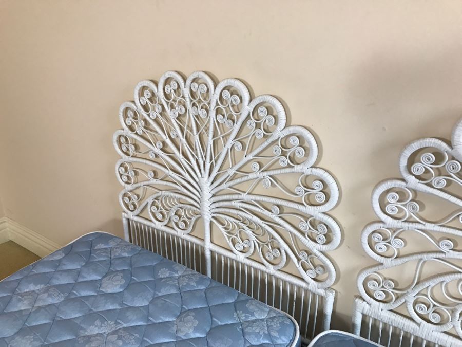 Pair Of Twin White Wicker Peacock Headboards With Mattress, Boxspring And Metal Bed Frames [Photo 5]