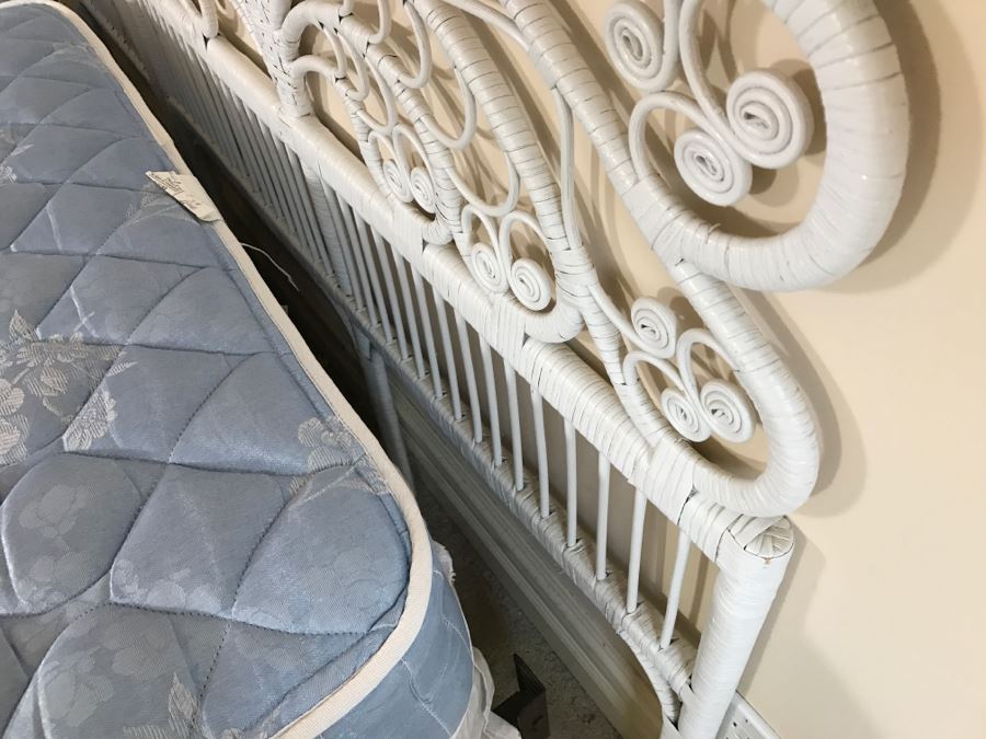 Pair Of Twin White Wicker Peacock Headboards With Mattress, Boxspring And Metal Bed Frames [Photo 8]