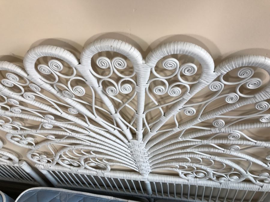 Pair Of Twin White Wicker Peacock Headboards With Mattress, Boxspring And Metal Bed Frames [Photo 6]