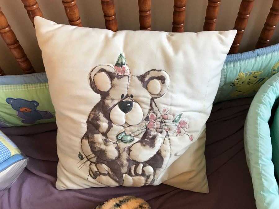 Vintage Wooden Nockonwood Baby Drop Side Crib With Various Baby Crib Bumbers, Bedding, And Other Items Photographed In Crib [Photo 6]