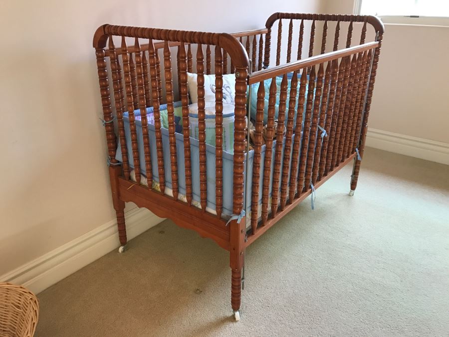 Vintage Wooden Nockonwood Baby Drop Side Crib With Various Baby Crib Bumbers, Bedding, And Other Items Photographed In Crib [Photo 12]