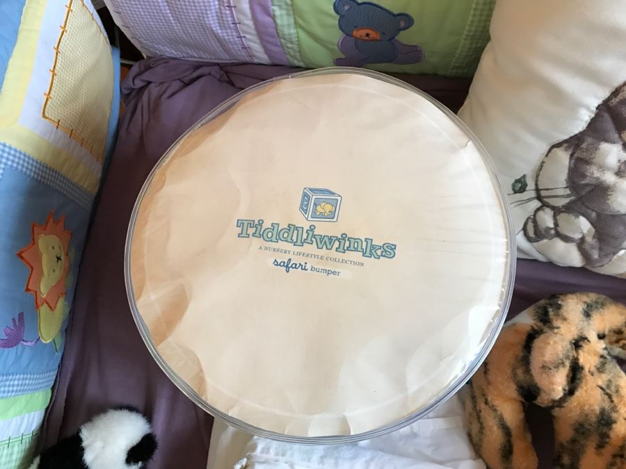 Vintage Wooden Nockonwood Baby Drop Side Crib With Various Baby Crib Bumbers, Bedding, And Other Items Photographed In Crib [Photo 9]