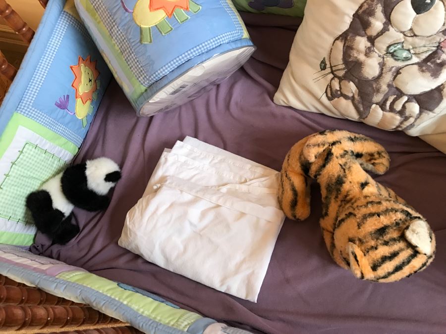 Vintage Wooden Nockonwood Baby Drop Side Crib With Various Baby Crib Bumbers, Bedding, And Other Items Photographed In Crib [Photo 8]