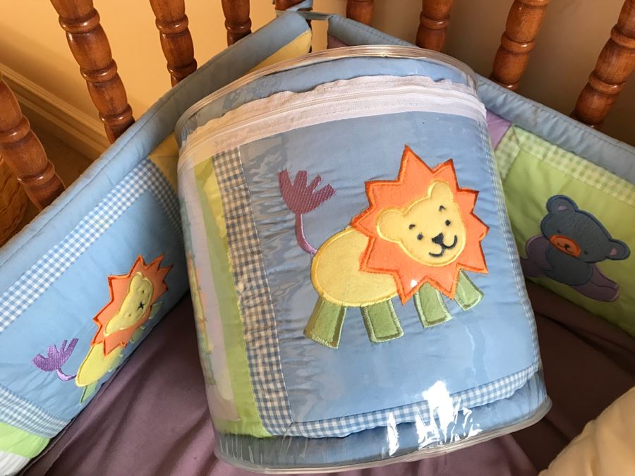 Vintage Wooden Nockonwood Baby Drop Side Crib With Various Baby Crib Bumbers, Bedding, And Other Items Photographed In Crib [Photo 5]