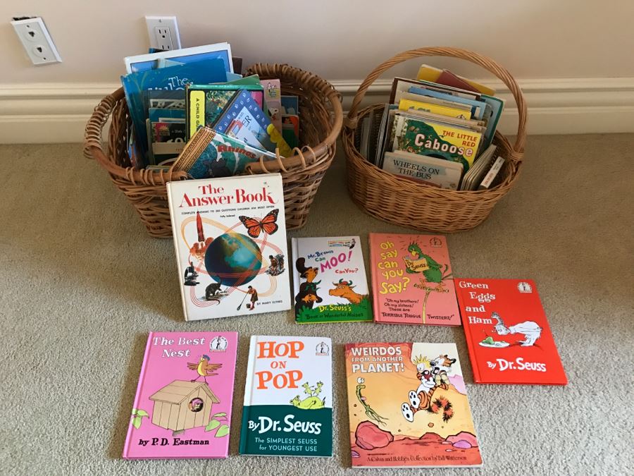 Kids Book Collection Includes Two Baskets And Various Book Titles Including Dr. Seuss [Photo 1]