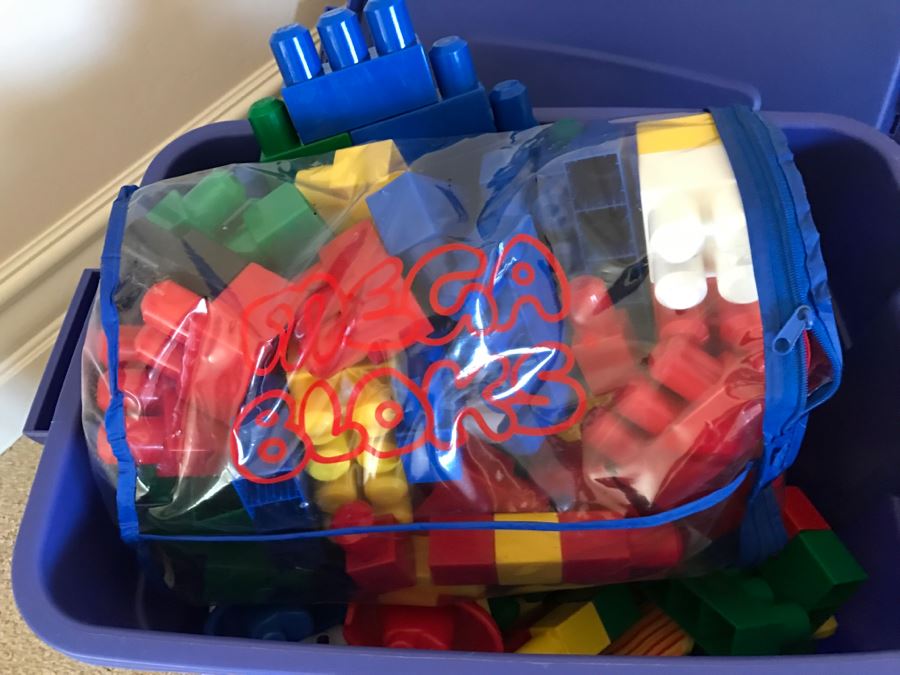 Plastic Bin Filled With Mega Blocks