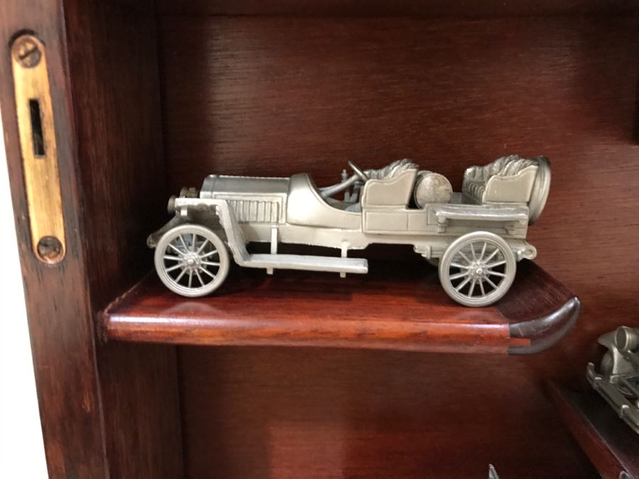 Huge Collection Of (21) Danbury Mint Pewter Classic Cars Of The World In An Asian Rosewood Hanging Display Box With Glass Front [Photo 17]