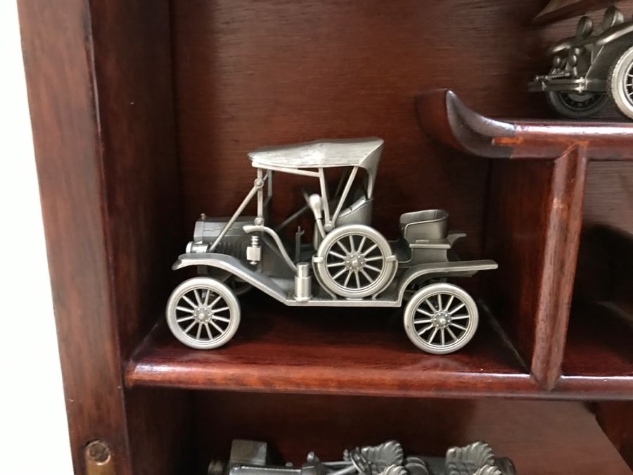 Huge Collection Of (21) Danbury Mint Pewter Classic Cars Of The World In An Asian Rosewood Hanging Display Box With Glass Front [Photo 12]