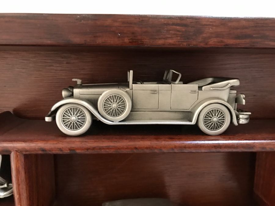 Huge Collection Of (21) Danbury Mint Pewter Classic Cars Of The World In An Asian Rosewood Hanging Display Box With Glass Front [Photo 8]