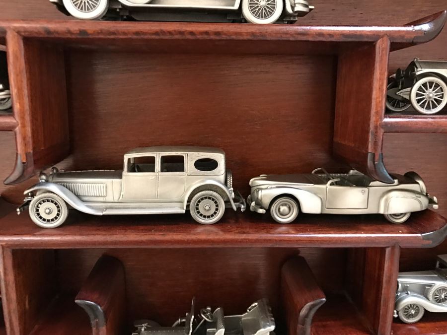 Huge Collection Of (21) Danbury Mint Pewter Classic Cars Of The World In An Asian Rosewood Hanging Display Box With Glass Front [Photo 11]