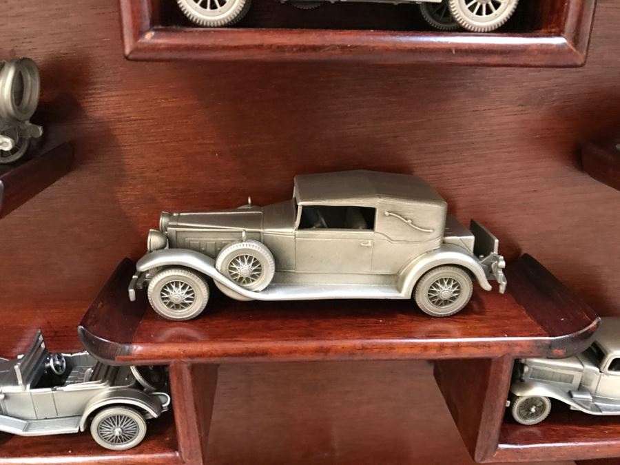 Huge Collection Of (21) Danbury Mint Pewter Classic Cars Of The World In An Asian Rosewood Hanging Display Box With Glass Front [Photo 16]