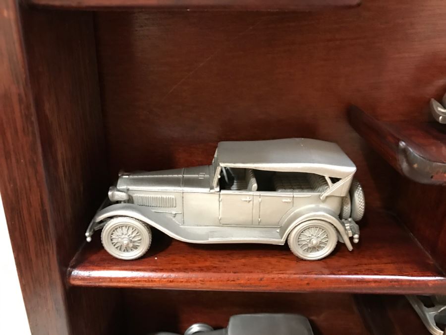 Huge Collection Of (21) Danbury Mint Pewter Classic Cars Of The World In An Asian Rosewood Hanging Display Box With Glass Front [Photo 22]